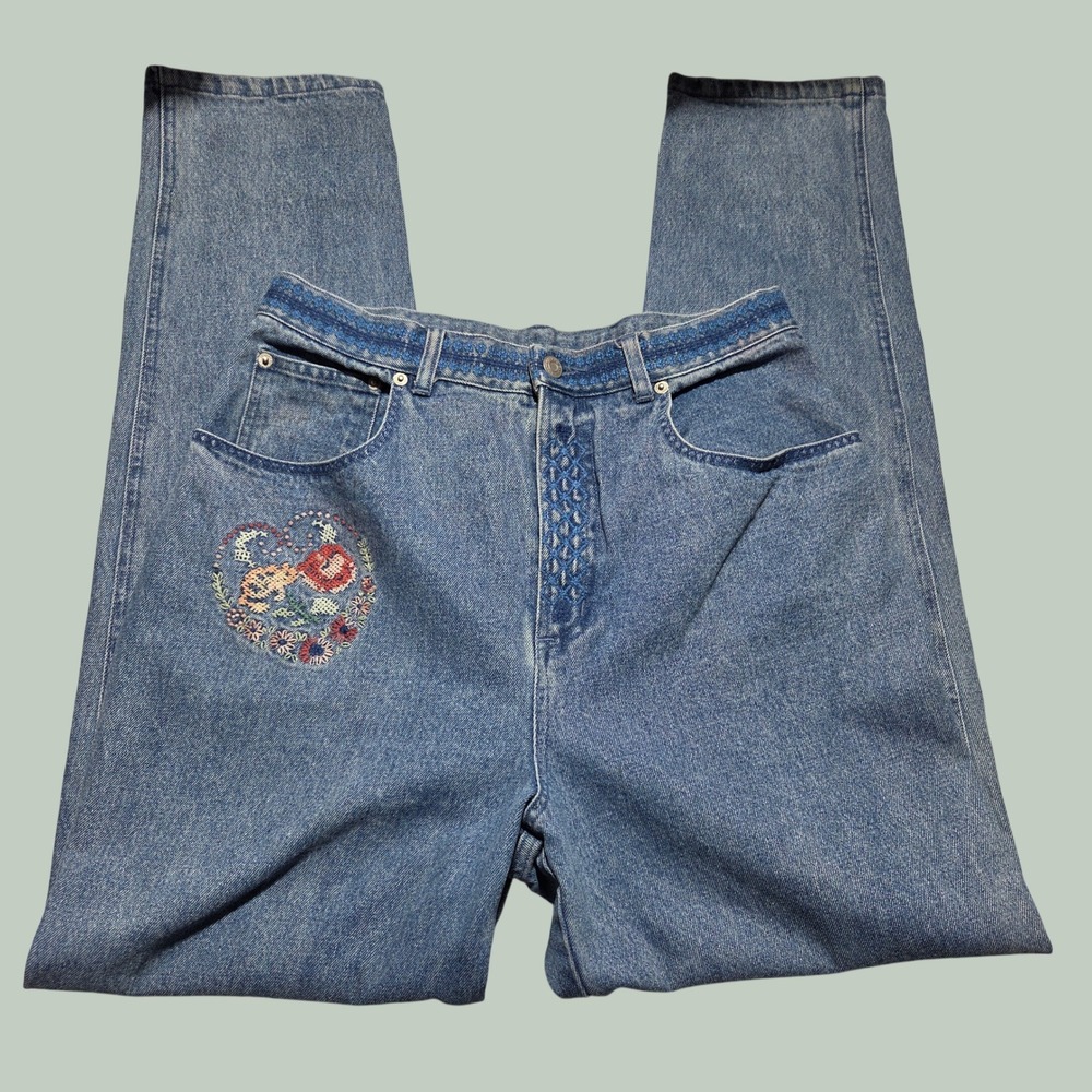 Cambridge Country Store Embroidered Cottagecore Jeans Floral‎ Blue Denim Size 14